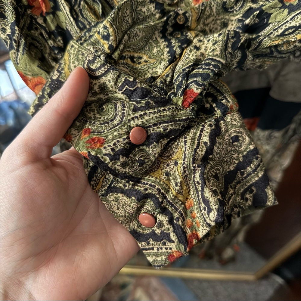 Raoul Black, Sage Green, and Orange Floral Paisley Long Sleeve Drop Waist Dress - Picture 5 of 13